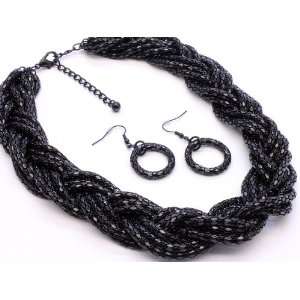  JET Black Multi strand Twist Braid Mesh Necklace/earring 