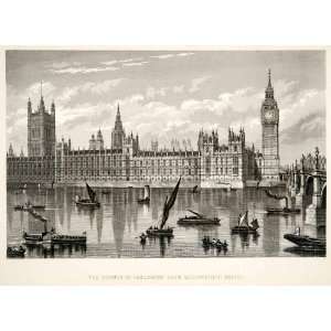1881 Steel Engraving Houses Parliament England Big Ben Harbor Ships 