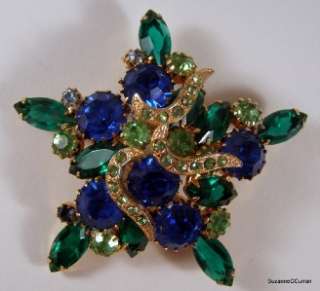 Vintage Designer Blue & Green Rhinestone Pin w Icing  