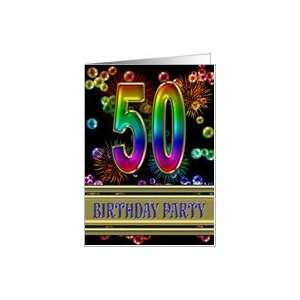  50th Birthday party invitation with bubbles and fireworks 