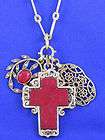 Lucky Brand Goldtone Cabin Fever Red Inlay Cross Charm Long Necklace 