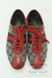 Gucci Navy & Red Monogram Canvas & Leather Trim Web Stripe Sneakers 