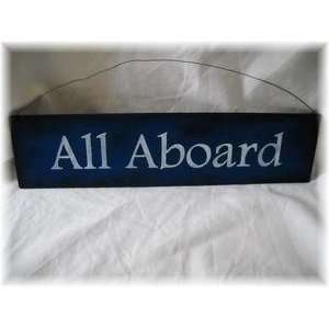  Navy Blue White All Aboard Wooden Train Wall Art Sign 