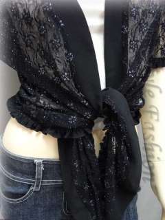 Front Tie Flowy Ruffle Floral Lace Cardigan Top Black  