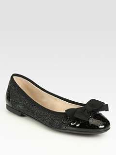 Salvatore Ferragamo   Embossed Suede and Patent Leather Bow Ballet 