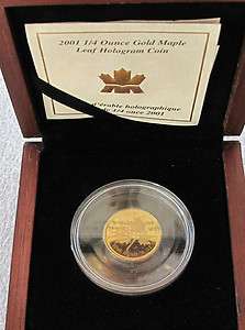 2001 CANADA $10 DOLLARS GOLD COIN, HOLOGRAM MAPLE LEAF 1/4 OZ PURE 