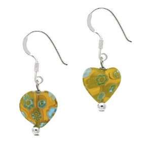    Silver Yellow Heart Millefiori Murano Glass Earrings: Jewelry