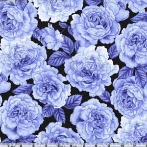  45 Wide Bella Blue Rose Blooms Navy Fabric By The Yard 