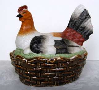 Chicken Hen on Basket Nesting 4.25 Covered Ceramic Dish  