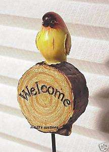 YELLOW BIRD ON A WELCOME ENGRAVED LOG YARD STAKE  