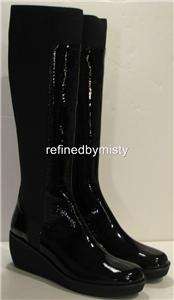 Donald J Pliner tall wedge boots stretch black patent NEDA platform 