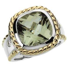  Green Quartz Diamond Ring in 14k Yellow Gold & Sterling 