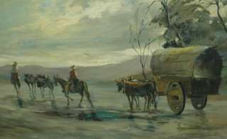 Vintage Western Oil Painting Riders w/ Wagon by R Vidal  