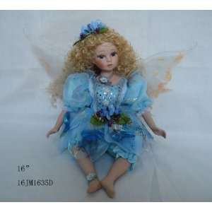   16 Inch Porcelain Sitting Fairy Doll Wearing Blue 