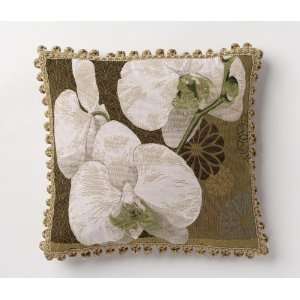 French Woven Orchid Petals Pillow in Green. 19 with Hand tied Fringe 