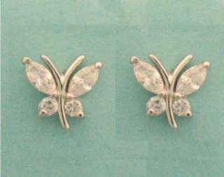 10K Solid White Gold Butterfly CZ Stud Earrings 7mm Width Brand New 