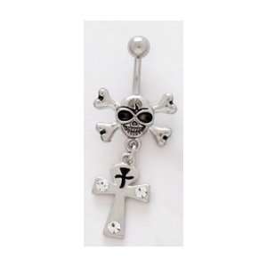  Skull and Cross Bone with Hanging Jeweled Cross Naval Ring 