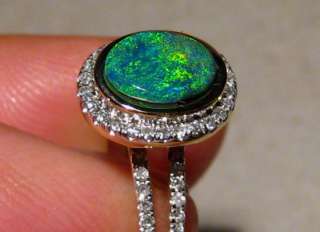   Emerald Green Natural Black OPAL & DIAMOND RING 14k Yellow Gold  