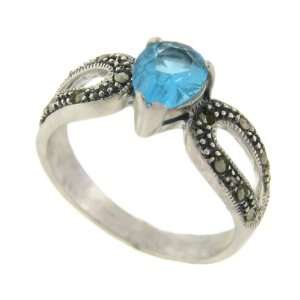  Sterling Silver Marcasite Blue Stone Designers Ring Size 