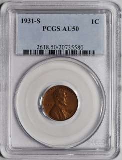 1931 S US Lincoln Wheat Cent 1C   PCGS AU50  