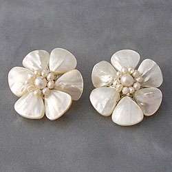White Mother of Pearl Flower Clip on Earrings (Thailand)   