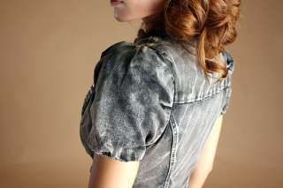 Studded Collar CROPPED DENIM JACKET Gorgeous Short Puff Sleeve Jean 