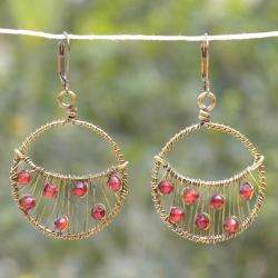 Brass and Burgundy Glass Bead Crescent Earrings (India)   