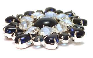   Huge Brooch Pin Sapphire Blue Givré Rhinestone Glass Cabochon Jewelry