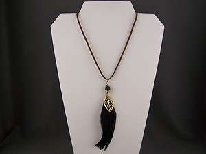 Black FEATHER brass leaf pendant necklace faux suede cord 15 long 