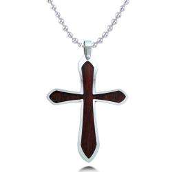 Stainless Steel Brown Wood Inlay Cross Necklace  