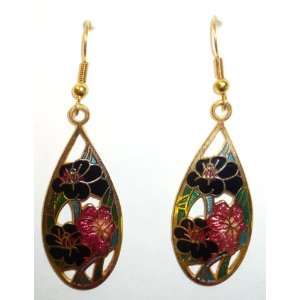  Black Cloisonne Flowers Pierced Earrings Jewelry