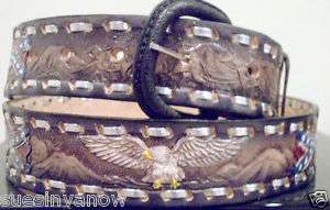 Western Mens Hand Tooled Eagle Rebel Belt Leather 48  