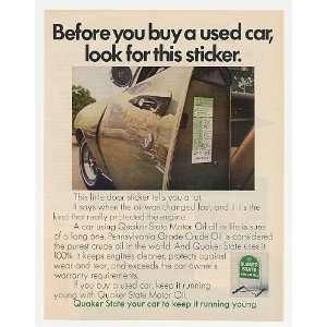  1972 Quaker State Motor Oil Used Car Door Sticker Print Ad 