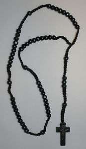 Black Wood Bead Rosary Necklace   Jesus Crucifix Cross Rosery Rosaries 