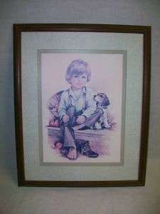 Framed Picture J. Darcey Country Boy w/ Beagle Dog  