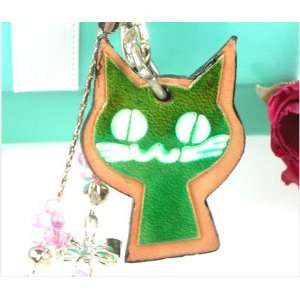    Leather Green Cat Head Cell Phone Charm Strap 