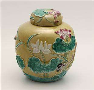   Antique Chinese Porcelain Applique Ginger Jar w Lotus & Crane 19th C