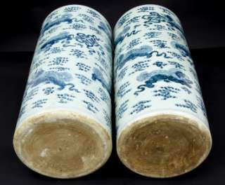 PAIR OF CHINESE BLUE AND WHITE UMBRELLA STANDS  