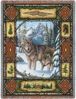 Two wolves are surrounded by rustic images and a tree bark border.