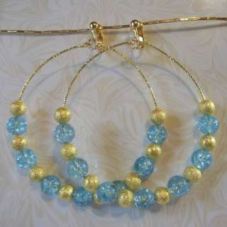 CLIP ON Blue/Gold 3 Crackle glass Hoop Earrings Basketball wives 
