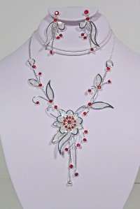 RED CRYSTAL WEDDING PROM NECKLACE AND EARRING SET  