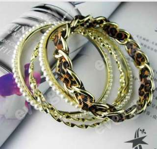   Retro 5 in 1 Circle Leopard Pearl Golden Wide Bangle Bracelet  
