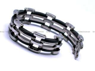 Men Stainless Steel Bracelet Bangle Rubber Black Silver w/Tracking No 