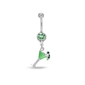 014 Gauge Martini Belly Button Ring with Lime Green Cubic Zirconia in 