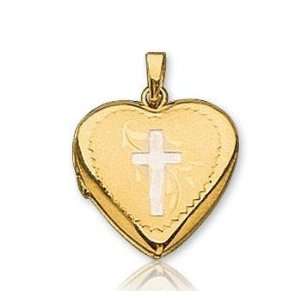    14k Two Tone Gold Stylish Heart Carved Cross Locket Jewelry
