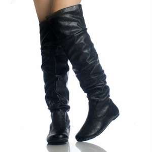 NEW! SODA FLAT BOOTS THIGH HIGH BLACK LEATHER ALL SIZES  