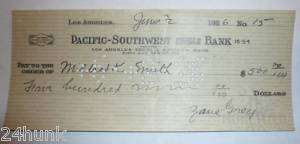 Signed Zane Grey Autograph on His Personal Check  