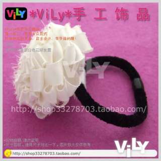 Vily Handmade Fabric Flower Ponytail Holder Rose White  