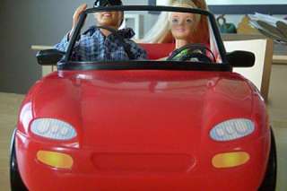   FUN! Red toy CONVERTIBLE SPORTS CAR with BARBIE & KEN DOLLS by Mattel