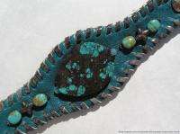   Handmade Leather Wrist Cuff Bracelet w Large Cut Turquoise & Sterling